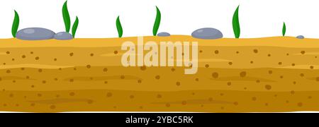Une plage de sable avec des rochers et de l'herbe verte Illustration de Vecteur