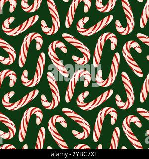 Modèle sans couture avec canne de bonbons rayée rouge et blanche sur un fond vert. Idéal pour la conception de Noël, papier cadeau de vacances ou festif Illustration de Vecteur