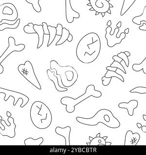 Vecteur os de dinosaure noir et blanc, squelettes et crânes sans couture. Line animal fossile préhistorique répéter le fond ou la page à colorier. Archa Illustration de Vecteur