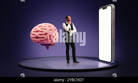 Homme examinant le modèle de cerveau tout en se tenant réfléchi à côté du grand modèle 3D de l'écran de smartphone. Neurologie et sciences cognitives. Banque D'Images