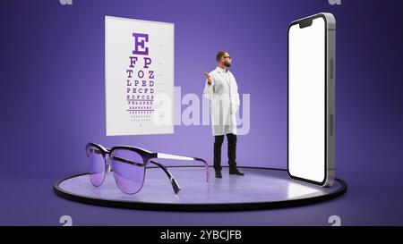 Optométriste pointant vers la carte de vision, avec des lunettes bien en évidence, représentant les soins oculaires et la correction de la vue. Modèle 3D de téléphone avec blanc Banque D'Images