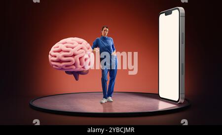 Médecin debout à côté du grand modèle de cerveau, symbolisant la recherche neurologique et la santé du cerveau suivant modèle 3D de téléphone avec écran blanc Banque D'Images