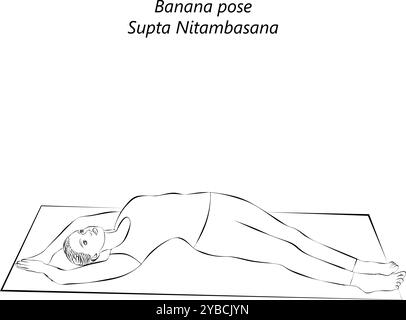 Croquis d'une jeune femme pratiquant la pose de yoga Supta Nitambasana. Posture de la banane ou posture de la demi-lune en décubitus dorsal. Difficulté débutant. Illustration vectorielle isolée. Illustration de Vecteur