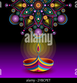 Happy Diwali Festival of Lights India Celebration, art mandala fleur de rangoli indien avec lampe à huile Diya, motif circulaire floral ornement Illustration de Vecteur