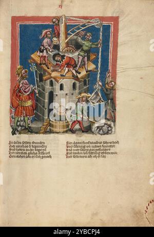 La construction de la Tour de Babel ; Weltchronik, vers 1400-1410. Informations supplémentaires:Une miniature montrant le bâtiment de la Tour de Babel accompagne la narration de Rudolf von EMS de l'histoire de l'ancien Testament. Le roi Nimrod, vêtu de dard, à gauche, supervise la construction de la tour par les ouvriers. Les procédures de construction reflètent probablement étroitement les pratiques médiévales. Les ouvriers se tiennent sur un échafaudage en bois avec des poutres insérées dans les murs à travers des trous de Put. Deux rangées de trous de Put sont visibles sous les fenêtres, montrant les premières étapes de l'échafaudage. Les ouvriers lèvent également des briques et St Banque D'Images