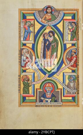 L'Assomption de la Vierge ; Stammheim Missal, probablement des années 1170 Informations supplémentaires:dans une mandorla ovale, Jésus conduit doucement sa mère la Vierge Marie au ciel, où elle sera couronnée. Au-dessus d'eux, le Seigneur tient sa couronne. Les anges et les figures de l'ancien Testament sur les côtés portent des rouleaux avec des passages que les commentateurs chrétiens ont interprétés en relation avec la Vierge Marie. Ils se réfèrent à la Vierge comme une belle reine et l'accomplissement de la prophétie. La miniature pleine page préfait les prières récitées par le prêtre à la messe lors de la fête de l'Assomption de la Vierge. Banque D'Images