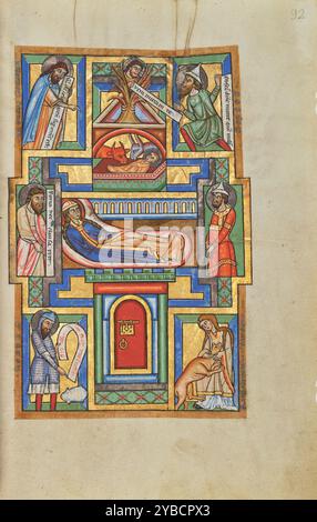 La Nativité ; Stammheim Missal, probablement des années 1170 Informations supplémentaires:Une miniature pleine page préfait les prières prononcées par le prêtre lors de la messe le jour de Noël. La Vierge couchée et le nouveau-né Christ Child occupent le centre de la page, entourés de figures portant des rouleaux avec des passages de l'ancien Testament se référant à ceux choisis pour diriger le peuple juif, Moïse et Gédéon, et à la venue du Messie. En bas à droite, une vierge a capturé une licorne. Cette scène fait référence à la croyance médiévale selon laquelle une licorne ne pouvait être attrapée que par une vierge qui incite l'animal à poser sa tête sur ses genoux, ju Banque D'Images