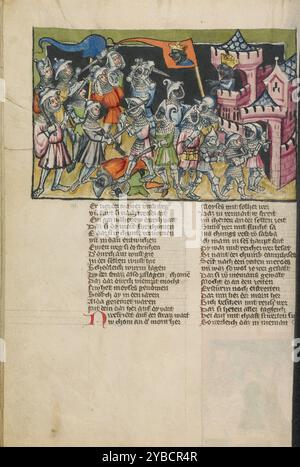 Moïse battant l'armée musulmane ; Weltchronik, vers 1400-1410. Informations supplémentaires:Moïse, dans une tunique rose à gauche, commande sa vaillante armée contre les forces des Maures, qui sont dirigées par la princesse dans la tour. Bien que la chronique mondiale contienne des histoires tirées de la Bible et de l'histoire ancienne, elle incorpore également des contes historiques délibérément fabriqués tels que celui-ci. Les Maures étaient des musulmans vivant dans l'Espagne médiévale, des milliers d'années après la mort de Moïse. L'histoire de Moïse combattant les Maures a été inventée au moyen âge, sans doute une révision de l'histoire biblique destinée à pro Banque D'Images