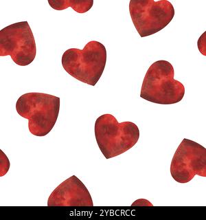 Cœurs rouges. Modèle sans couture dessiné à la main avec des aquarelles sur un fond rose. Pour la conception, la publicité, les cartes postales, les textiles, l'impression. Banque D'Images