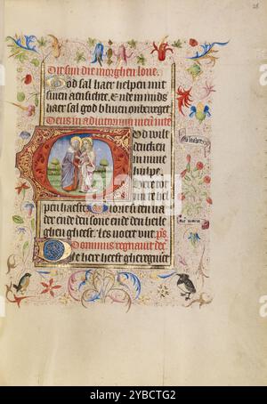 Initiale G : la Visitation ; Livre d'heures, après 1460. Sainte Elizabeth et la Vierge Marie. Banque D'Images