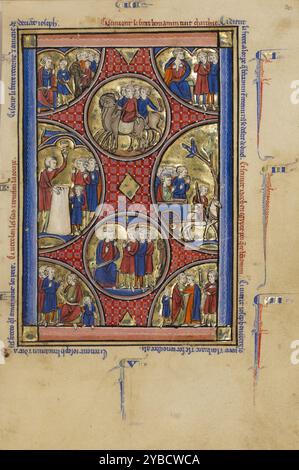 Scènes de la vie de Joseph ; Psautier de Venceslas, vers 1250-1260. Informations supplémentaires:les scènes sur cette page continuer l'histoire de Joseph et ses frères en Egypte commencée sur la page en regard. Le patriarche Joseph, qui a été vendu en esclavage par ses frères, a atteint une position de pouvoir en Egypte. D’abord non reconnus par ses frères, Joseph les envoie chercher leur père âgé Jacob, qui fait ensuite le voyage en Egypte. Les retrouvailles entre Jacob et son fils Joseph illustrées dans la cocarde en bas à droite complètent l'histoire. Divisé en sections circulaires avec des fonds dorés brunis, Banque D'Images