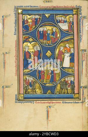 Scènes de la vie de Jacob et Joseph ; Psautier de Venceslas, vers 1250-1260. Informations supplémentaires:les huit scènes de cette miniature pleine page proviennent de la vie des patriarches de l'ancien Testament Jacob et Joseph ; elles racontent l'histoire de la Genèse du deuxième voyage des fils de Jacob en Egypte pour acheter des provisions. Le récit commence en haut à gauche et se poursuit sur le côté gauche de la miniature, puis sur le centre, et enfin sur le côté droit. Un numéro et une légende en français accompagnent chaque scène. Par exemple, la légende de la première scène se lit comme suit : ci dient Li enfant a Iacob q[u]il leur covient Banque D'Images