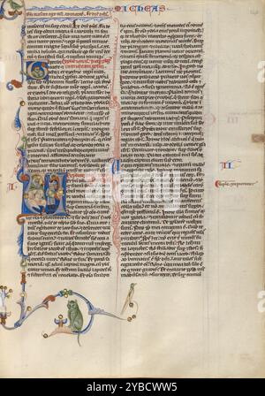 V initial : Micah s'adressant à un groupe de soldats ; Bible de l'abbaye, vers 1250-1262. Banque D'Images