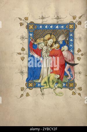 La trahison du Christ ; Livre des heures, vers 1405-1410. Informations supplémentaires:dans l'espace peu profond et presque claustrophobe de cette miniature, Judas trahit Jésus avec un baiser, un signal pré-arrangé qui avertit les soldats romains de l'identité de Jésus. Sur la gauche, l'apôtre Pierre lève son épée pour couper l'oreille du soldat romain Malchus. Vêtue d'un vert vif, cette petite figure tombe maladroitement au sol devant Jésus. Sur la droite, les soldats se musclent pour arrêter Jésus. Poussant et faisant des gestes, les soldats d'un côté et l'épée dressée de Pierre de l'autre chevauchent le cadre de l'image. L'artiste bondait th Banque D'Images