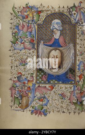 Saint Véronique affichant le Sudarium ; Livre d'heures, vers 1450-1455. Informations supplémentaires:selon la légende, Sainte Véronique essuya le visage du Christ avec son voile (ou sudarium) alors qu'il portait la croix au Calvaire, et le voile conserva une empreinte de la ressemblance de Jésus. Cette relique sainte a été vénérée comme une vraie ressemblance du Christ et est devenue une image de dévotion populaire que les artistes ont reproduite dans divers médias. Cette miniature introduit une prière sur la page opposée à la Sainte face du Christ ( salve sancta facies), qui a été écrite vers 1300 et est souvent incorporée dans des livres d'heures. Le populari Banque D'Images