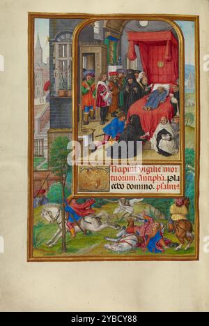 Scène du lit de mort ; heures de Spinola, vers 1510-1520. Informations complémentaires:cette miniature illustre le Bureau des morts, un des textes essentiels d'un livre d'heures. Dit sur le corps du défunt la nuit avant un enterrement, le bureau était également lu quotidiennement comme un rappel de sa mortalité, reflétant le besoin de pénitence constante. Dans le Lower Border Death, représenté comme un horrible cadavre, chasse un homme dans un paysage semblable à un parc. Ci-dessus, la victime est allongée sur son lit de mort pendant que les clercs lisent le Bureau pour les morts. L'artiste a lié les deux scènes en suggérant que l'intérieur que nous voyons dans la mini Banque D'Images