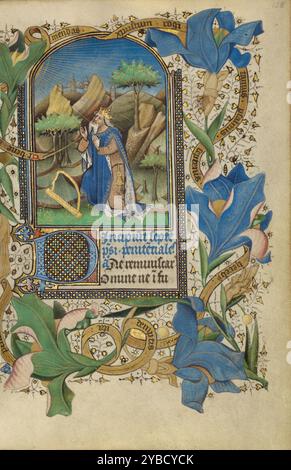 David dans la prière ; Livre d'heures, vers 1450-1455. Informations supplémentaires:le thème de David dans la prière introduit souvent les Psaumes pénitentiels dans les livres d'heures. Non seulement David était traditionnellement identifié comme l'auteur des psaumes, mais il servait de modèle pour la pénitence. Après son adultère avec Bathsheba, il fut réprimandé par le prophète Nathan et se repentit. Ici, il apparaît à genoux, parlant directement de son cœur au Seigneur. La répétition des couleurs de vert, bleu et or, la représentation de grands lis dans les bordures, et l'inclusion d'une banderole issue de la miniature dans le b. Banque D'Images