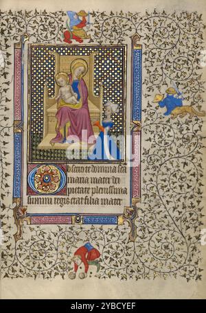 Une femme en prière devant la Vierge et l'enfant ; Livre d'heures, vers 1410. Informations supplémentaires:Une noble femme s'agenouille aux pieds de la Vierge Marie et du Christ, qui sont majestueusement assis sur un grand trône devant elle. La robe doublée d'hermine et la coiffe élaborée de la femme indiquent qu'elle est membre de l'aristocratie. Son apparition ici, et dans une image similaire plus tard dans le manuscrit, suggère qu'elle a peut-être commandé ce livre luxueux. Les femmes riches étaient d'importantes mécènes des manuscrits, en particulier ceux utilisés pour la dévotion privée, comme les livres d'heures et les psautiers. Bien que livres d'heures Banque D'Images