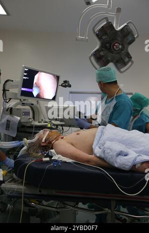 Manosque, France. 24 décembre 2019. Un homme dans un état très critique est opéré par des médecins chevronnés à l’hôpital Louis Raffalli de Manosque, dans le sud-est de la France. L’hôpital de Manosque est très fréquenté car la ville est entourée de villages qui n’ont pas d’hôpitaux. Le service des urgences et son personnel soignent annuellement environ 35 000 patients Banque D'Images