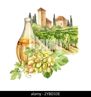 Bouteille de vin blanc aquarelle, parmesan, fromages et raisins contre le paysage rural italien avec des tours et des fermes, des cyprès et des buissons, dessinés à la main Banque D'Images