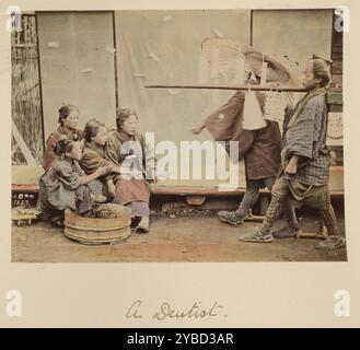 Un dentiste, vers 1873-1883. Quatre filles sont assises sur le bord d'une plate-forme, les mains étant étendues vers deux hommes marchant vers elles. Banque D'Images