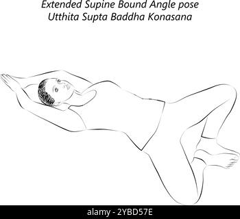 Jeune femme pratiquant la pose de yoga. Pose de l'angle de limite en décubitus dorsal étendu. Utthita Supta Baddha Konasana. Illustration vectorielle isolée. Illustration de Vecteur
