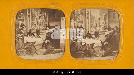 Scène de rue : femme vendant des pommes, groupe d'enfants à proximité, un essayant de voler une pomme sur la table, années 1860 Banque D'Images