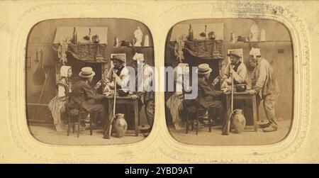 Scène de genre : personnes en discussion autour de la table, une femme avec un bonnet, pistolet appuyé contre la table, années 1860 Banque D'Images