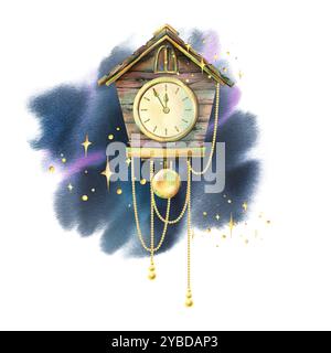 Horloge en bois avec un pendule sous la forme d'une maison avec des perles dorées sur le fond du ciel nocturne illustration aquarelle nouvel an Noël Banque D'Images