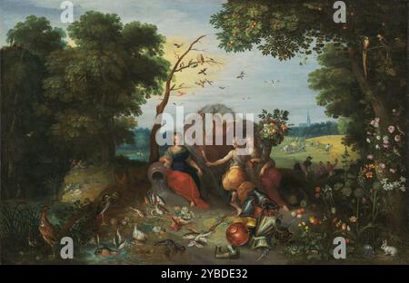 Paysage avec allégories des quatre éléments, 1635. Quatre femmes assises représentant l'eau, l'air, la terre et le feu sont entourées d'un paysage luxuriant. Le poisson qui coule de la cruche à eau et la corne d'abondance (corne d'abondance) bercée dans les bras de la figure de droite correspondent aux éléments tactiles de l'eau et de la terre. Les oiseaux dans le ciel et les arbres et les accoutrements de la bataille au premier plan correspondent aux éléments intangibles du feu et de l'air. Les figures, les objets natures mortes et le paysage travaillent ensemble comme une scène unifiée, mais deux artistes différents ont travaillé pour créer ce p Banque D'Images