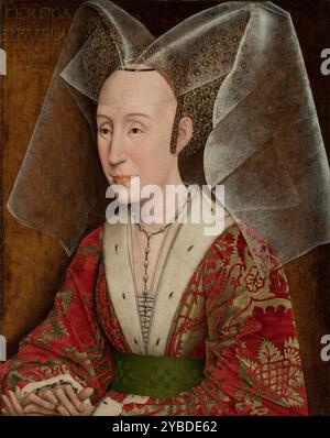 Portrait d'Isabelle du Portugal, vers 1450. Informations complémentaires : assise les mains croisées sur ses genoux, Isabelle de Portugal, la duchesse de Bourgogne, transmet l'apaisement et la confiance de sa noble position. Sa somptueuse tenue, fortement tissée avec du fil d'or, ses doigts et sa coiffe ornées de bijoux reflètent son statut aristocratique. Curieusement, l’artiste ne correspondait pas aux motifs des manches, comme cela aurait été coutumier à cette période. Banque D'Images