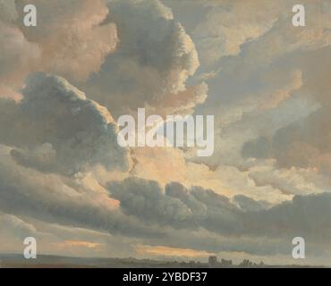 Etude des nuages avec un coucher de soleil près de Rome, 1786-1801. Informations supplémentaires : des nuages sombres et tourbillonnants se dessinent sur une étroite bande de terre, doucement ponctuée par des arbres lointains et une ligne d'horizon de la ville. L'endroit est Rome. La météo : une tempête de pluie imminente. La journée : une fin d'après-midi dans les dernières décennies des années 1700 Cette peinture fait partie d'une série d'études sur les nuages - en fait la quarante-huitième - que Simon Denis a faite pour parfaire ses compétences en observation et en peinture. La manipulation confiante de la peinture et le rendu sensible de la lumière de Denis capturent le pouvoir impressionnant de la nature. Banque D'Images