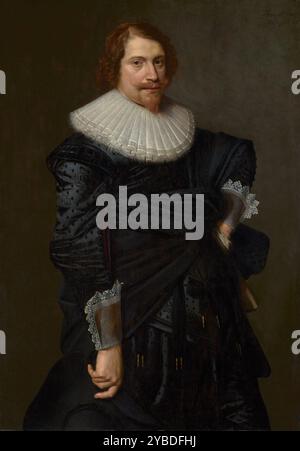 Portrait d'un homme, 1632. Informations supplémentaires : bien que l'identité du gardien ne soit pas connue, la peinture était presque certainement l'un d'une paire de portraits créés pour célébrer un mariage. Dans la vue de trois-quarts privilégiée pour les hommes de son époque, un jeune homme barbu fait face en diagonale au plan de l'image avec son bras gauche tordu et son chapeau dans sa main droite. Il porte un riche doublet noir brodé avec un manteau noir plié autour de sa taille et maintenu en position par la main gantée sur sa hanche gauche. Les poignets et le col en dentelle blanche rendus avec précision animent le costume noir sobre. Sa pose clos Banque D'Images