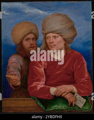 Double Portrait, vers 1660-1662. Informations supplémentaires : deux hommes européens en robe moyen-orientale posent devant un parapet. L'homme barbu à gauche fait un geste vers la droite, tandis que l'autre homme regarde dans la même direction et tient un message cryptique en italien : SIG:R mio videte la strade di sa luth per la mano di sweerts (mon Seigneur, voyez le chemin du salut par la main des Sweerts). La signification de la note et l'identité des deux messieurs ont échappé aux érudits. Les deux hommes semblent être des portraits individualisés, rappelant la tradition des portraits d’amitié si populaires en Europe du Nord. Banque D'Images