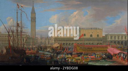 Le Bucintoro au départ du Bacino di San Marco, 1710. Informations supplémentaires : le Grand canal est rempli d'une gamme colorée de bateaux qui se préparent à faire leur chemin vers la mer. C’est le jour de l’Ascension, quand Venise célèbre son autorité sur la mer en organisant une cérémonie symbolique de mariage avec la mer Adriatique. Devant le palais des Doges, le Doges embarque sur le magnifique bateau à deux étages de l'État appelé le Bucintoro, qui dirigera une procession d'autres bateaux vers le Porto del Lido. A son arrivée, le Patriarche de Venise bénira la mer avec de l'eau bénite et le Doge jettera Banque D'Images