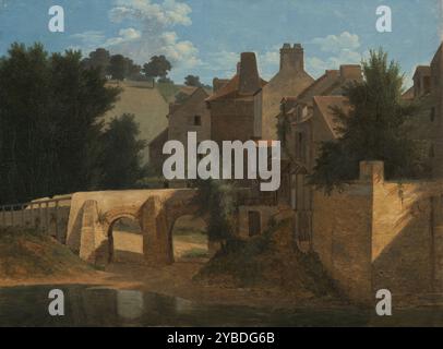 Vue dans le &#xce;le-de-France, vers 1810-1813. Ce croquis à l'huile en plein air (fait à l'extérieur) de Jean-Victor Bertin capture la courbe gracieuse d'un pont ensoleillé à la périphérie d'un village français au début des années 1800 Une crête à flanc de colline abrupte au loin fait écho à cette ligne de lumière traçant la chaussée, divisant l'image en trois. Au centre de la peinture, les formes horizontales rencontrent les formes verticales, créées par la poussée ascendante des habitations du village. Fait intéressant, l'observation attentive de la lumière par l'artiste renforce et obscurcit cette obsession de la géométrie. Le soleil de fin d'après-midi jette la majeure partie de th Banque D'Images