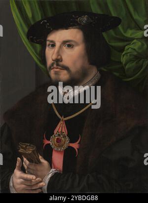 Portrait de Francisco de los Cobos y Molina, vers 1530-1532. Informations supplémentaires : Francesco de los Cobos y Molina, le puissant secrétaire et conseiller financier en chef de l'empereur Charles V, pose devant une bande de draperies, regardant avec prudence le spectateur. Auparavant non identifiés, deux indices ont conduit à l'identification de Francesco comme sujet du portrait : la croix rouge embellie sur son doublet et le bijou incrusté de pierres précieuses en forme de coquille Saint-Jacques. Les deux sont des emblèmes de l'ordre chevalier de Santiago, Saint Jacques le Grand. Banque D'Images