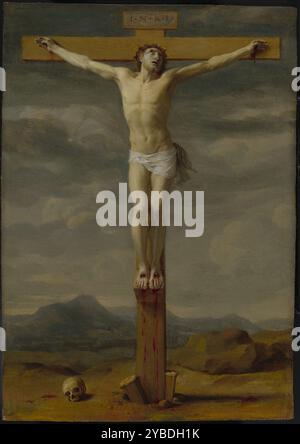 Crucifixion, vers 1650-1655. Informations complémentaires : le sueur représente le Christ sur la croix, toujours vivant, seul dans un paysage rocheux et montagneux. Suivant une tradition plus ancienne dans l'art, il est représenté attaché à la croix avec quatre clous. Alors qu'il est pendu mourant, le sang coule de ses pieds et de ses mains sur la croix et le rocher du Golgotha, symbolisant la croyance chrétienne que sa mort a purifié le péché originel d'Adam, dont le crâne est affiché ci-dessous. Il y a un sentiment de calme absolu, brisé seulement par la suggestion que le Christ à bouche ouverte prononce ses dernières paroles : &#x201c;mon Dieu, mon Banque D'Images