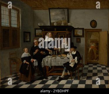 Family Group in an Interior, vers 1658-1660. Juste en terminant un repas du dimanche, les membres de cette famille aisée se préparent peut-être à retourner à l'église. La mère remet un livre de prières au plus jeune des garçons, et la petite fille tient son chapeau fraîchement féculé et son ventilateur. Banque D'Images