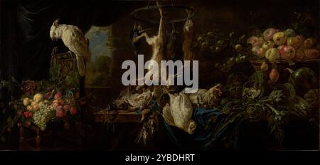 Nature morte avec gibier, légumes, fruits et un Cockatoo, 1650. Sur le dos d'une chaise, un cacatoès blanc perche, en regardant avec gourmandise les fruits - cerises, figues, raisins, pêches et poires - qui est empilé ci-dessous. Suspendus à une couronne de gibier en métal sont des oiseaux et un lièvre ; ci-dessous, d'autres oiseaux de gibier sont placés de manière aléatoire sur la table. Plus près du spectateur, des artichauts, des choux, une pastèque et de la courge végétale sont jetés négligemment sur une nappe sombre. Dans cette exposition abondante de denrées alimentaires, Adriaen van Utrecht a pris grand soin de juxtaposer différentes surfaces : peaux de raisin translucides, croûtes de fruits, oiseaux Banque D'Images