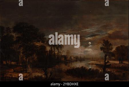 Paysage au clair de lune avec vue sur la rivière New Amstel et le château Kostverloren, 1647. Une lueur ardente charge le ciel dans la vue d'Aert van der Neer le long de la rivière New Amstel. Alors que la plupart des paysagistes néerlandais des années 1600 utilisaient des ciels bleus remplis de nuages pour doter leur travail d'une présence puissante, Van der Neer maîtrisait le genre des paysages nocturnes. Dans cette peinture, la lune attire l'attention. Sa lumière est filtrée sur la scène, soulignant la surface aqueuse de la rivière et les contours des arbres et des roseaux. Deux petits personnages à droite sont également mis en évidence par le clair de lune. Banque D'Images