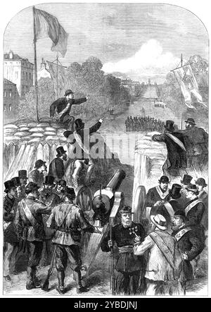 Siège français de Paris : délégation maçonnique à Versailles sortie porte Maillot, 1871. La tentative faite par certains membres de certaines loges franc-maçons à Paris d'approcher le gouvernement provisoire français à Versailles avec des ouvertures pour la paix n'a pas été couronnée de succès. C'est le dimanche, à une heure de l'après-midi, qu'ils se rerassemblèrent et marchèrent le long des boulevards et jusqu'aux champs Elys&#xe9;es, comme s'ils sortaient par Neuilly... chaque franc-maçon portait une ceinture bleue brodée de leurs signes mystiques. Le cortège atteignit la porte appelée la porte Maillot, et fut suspendu Banque D'Images