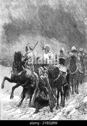 Scènes de la guerre tardive en France : retraite du Mans - Ghoums et Spahis dans la neige, 1871. '...la cavalerie africaine, Spahis et Ghoums, appartenant à l'armée du général Chanzy, en retraite du Mans, pendant l'hiver'. Tiré de "Illustrated London News", 1871. Banque D'Images