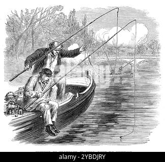 Le siège français de Paris : la pêche en eaux troublées, Pont de Neuilly, 1871. 'Il est curieux d'observer les gens de ce quartier, et même les pêcheurs qui pêchent dans la rivière au-dessus du pont de Neuilly, parfaitement calme et frais tandis que les missiles de destruction sont lancés à travers le ciel au-dessus de eux'. Tiré de "Illustrated London News", 1871. Banque D'Images