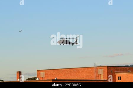 Hauppauge, New York, États-Unis - 5 octobre 2024 : hélicoptère survolant les toits urbains. Banque D'Images