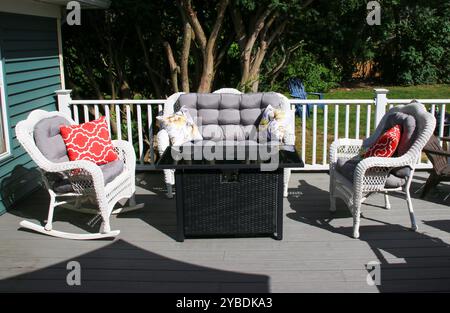 Une terrasse confortable dispose d'un coin salon rembourré avec des oreillers décoratifs et une table élégante. Banque D'Images