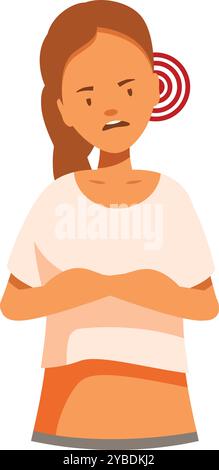 Jeune femme tenant ses mains croisées sur sa poitrine et souffrant de fortes douleurs aux oreilles Illustration de Vecteur