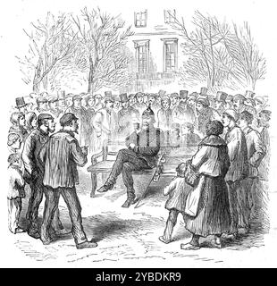 Les Allemands à Paris : un objet d'une grande curiosité, champs Elys&#xe9;es, 1871. Guerre franco-prussienne. 'Le quartier de Paris comprenant les champs Elys&#xe9;es et la place de la Concorde... a été occupé par 30 000 troupes allemandes, du mercredi matin au vendredi matin... sur les bancs au bord de la route étaient assis quelques-uns des envahisseurs, par groupes de deux et trois, bavardant et fumant leurs pipes, et prêts à battre n'importe quel homme ou femme français qui pourrait être prêt à converser. Bientôt ils sont devenus des centres de foules animées ; et chaque fois que l'on voyait quarante ou cinquante entassés ensemble en cercle Banque D'Images