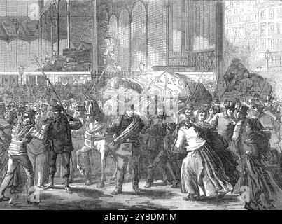 Reviculture de Paris : première arrivée de poissons aux Halles, 1871. Guerre franco-prussienne. 'L'arrivée des premiers charrettes de poisson frais de la côte maritime, vendredi 3 février, à trois heures et demie de l'après-midi, a excité un grand plaisir aux Halles centrales de Paris. Rien de tel n'avait été vu là-bas depuis septembre dernier. Trois charrettes, dont l'une portait le nom de TR&#xe9;port, le port maritime sur la côte de la Manche, près de Dieppe, d'où cette réserve de bienvenue avait été envoyée, contenaient un certain nombre de paniers tissés de hâte, emballés avec de la paille, dans lesquels se trouvait la marchandise tant désirée, donc lo Banque D'Images