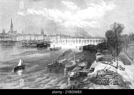 La ville de Bordeaux, 1871. Guerre franco-prussienne. «La grande et riche ville de Bordeaux, troisième en importance des ports maritimes français et capitale du département de la Gironde, a été la demeure du délégué du Gouvernement français de la Défense nationale depuis son retrait de Tours, et est maintenant le lieu de rencontre de l'Assemblée nationale convoquée pour la discussion des termes de la paix... la vue de la ville, de la rive opposée du fleuve, a un effet très agréable; la rive courbée, en forme de croissant, est bordée de beaux bâtiments sur une distance de deux ou trois milles. La rivière est Banque D'Images